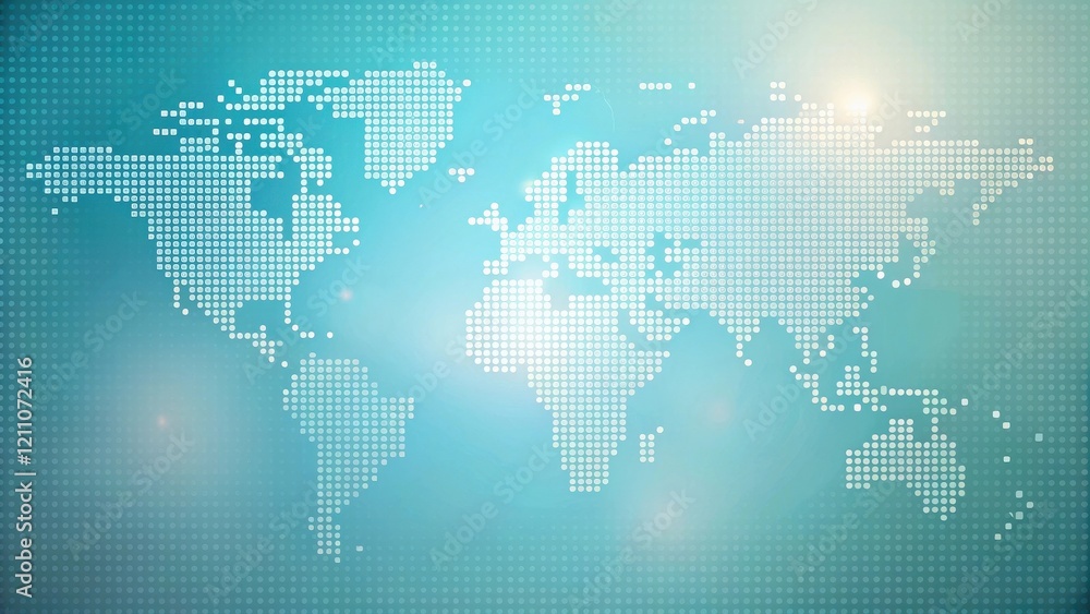 Global Network Connection A Pixelated World Map on a Teal Background Showing Interconnectivity