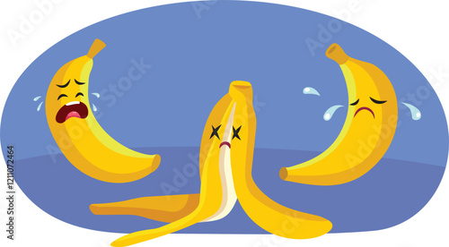 Bananas Crying at a Funeral of a Friend Vector Illustration. Metaphoric image of an unfortunate banana and the fragility of life 
