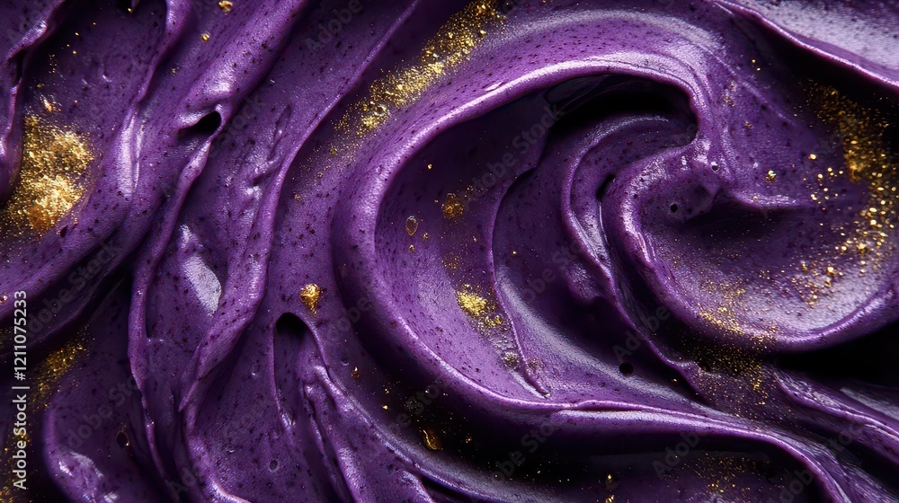 Obraz premium vibrant purple acai bowl smoothie texture swirled with golden honey, macro photography, artistic food composition on black background