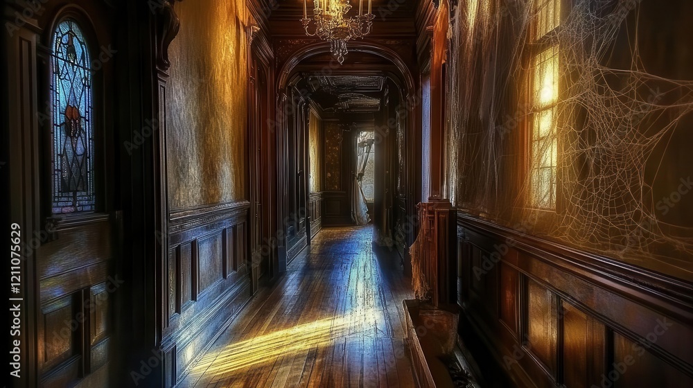 Fototapeta premium victorian gothic mansion hallway with weathered floorboards, cobweb-covered chandeliers, and moonlight casting eerie shadows through stained glass windows
