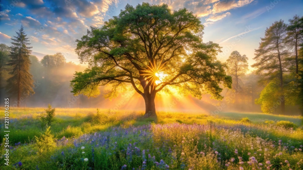 Fototapeta premium Golden Sunrise Illuminating a Majestic Oak Tree in a Vibrant Wildflower Meadow