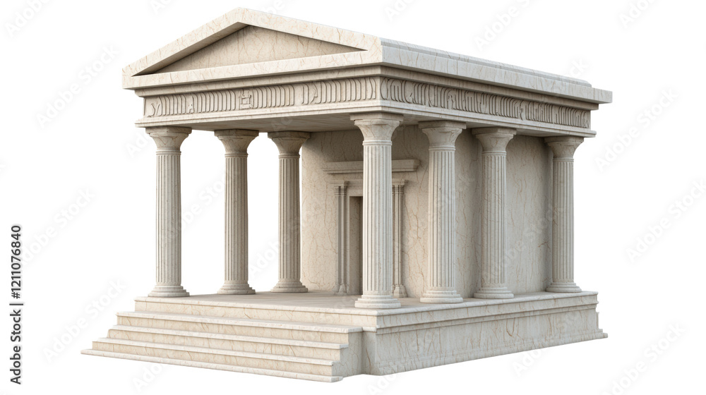 A classical architectural structure featuring tall columns, a pediment, and a broad staircase, showcasing intricate details and a solid stone appearance Isolate. A classical architectural structure featuring tall columns, a pediment, and a broad staircase, showcasing intricate details and a solid stone appearance Isolate.