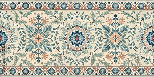 Elegant Floral Tapestry Design Featuring Intricate Blue, Teal, and Peach Accents on a Cream Background