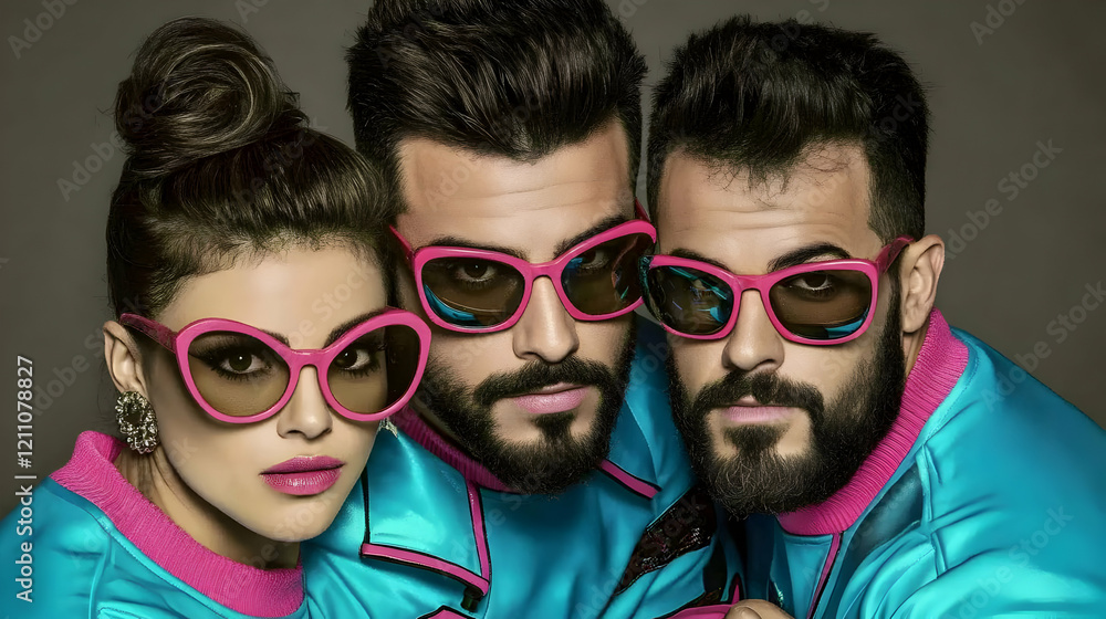 Trio Poses with Pink Sunglasses and Matching Outfits, a Fashion Forward Portrait Trio Poses with Pink Sunglasses and Matching Outfits, a Fashion Forward Portrait
