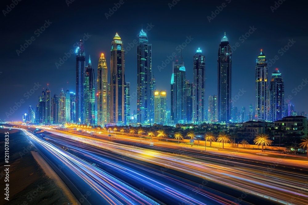 Fototapeta premium Night cityscape with light trails on highway. Illustrates vibrant city life and fast-paced modern society.