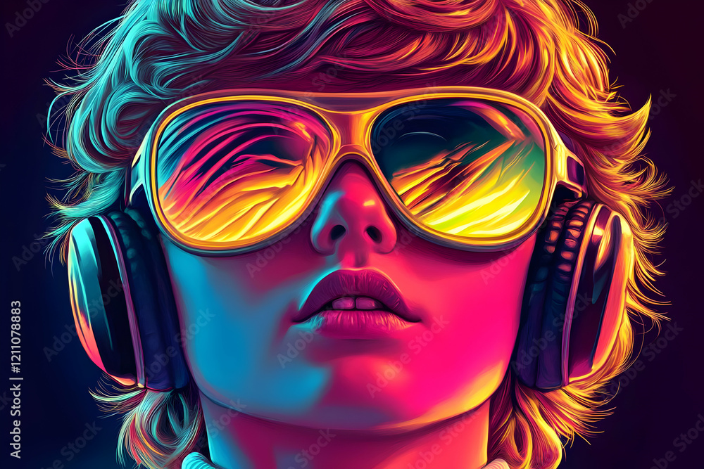 Neon Glow Portrait: Person Wears Headphones and Mirrored Sunglasses in Vibrant Colors Neon Glow Portrait: Person Wears Headphones and Mirrored Sunglasses in Vibrant Colors