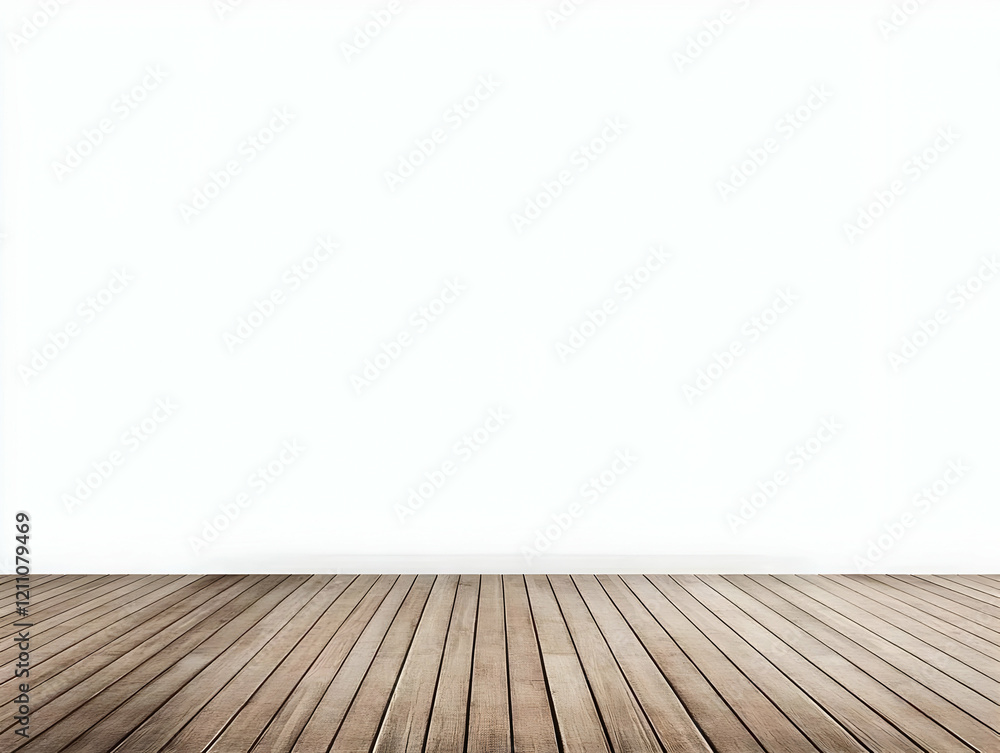 Empty Room with Wooden Floor and White Wall Background for Product Placement or Design Element Empty Room with Wooden Floor and White Wall Background for Product Placement or Design Element
