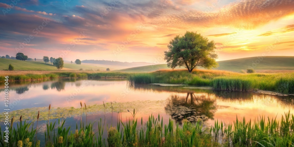 Serene Sunset Landscape Tranquil Pond Reflecting Colorful Sky, Solitary Tree on Gentle Hill, Lush Meadow, Calm Water, Peaceful Nature Scene Serene Sunset Landscape Tranquil Pond Reflecting Colorful Sky, Solitary Tree on Gentle Hill, Lush Meadow, Calm Water, Peaceful Nature Scene