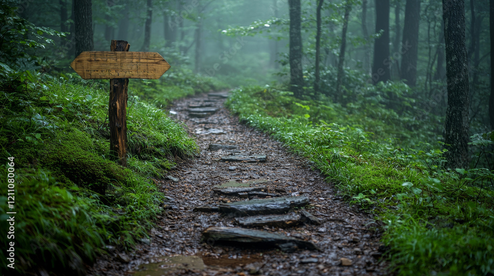 Misty forest path with wooden signpost, stone steps, lush green vegetation. Misty forest path with wooden signpost, stone steps, lush green vegetation.