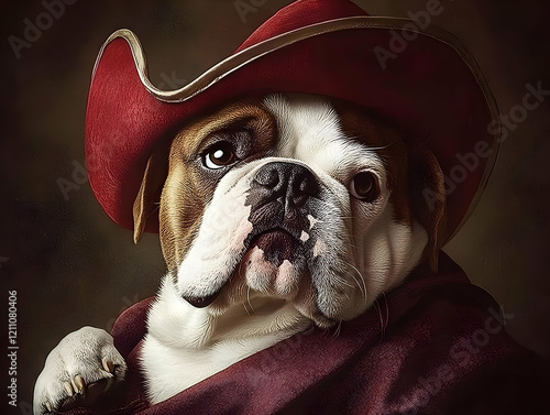 A Bulldog Dog Wears a Red H...