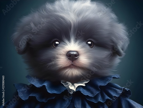 Fluffy Gray Puppy Wears a B...