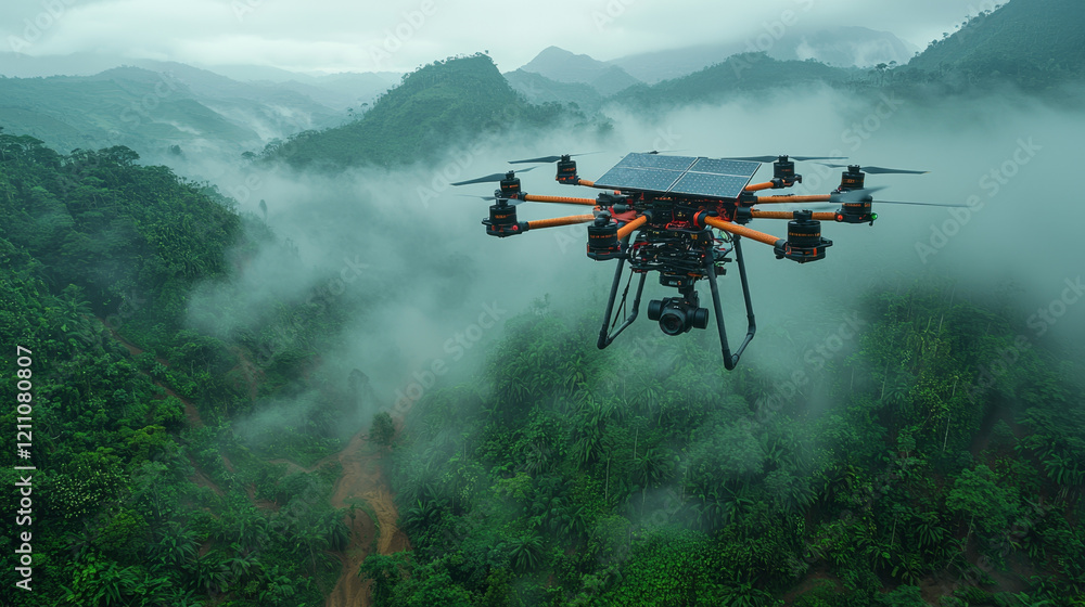 Solar-powered drone surveying misty mountain rainforest. Solar-powered drone surveying misty mountain rainforest.