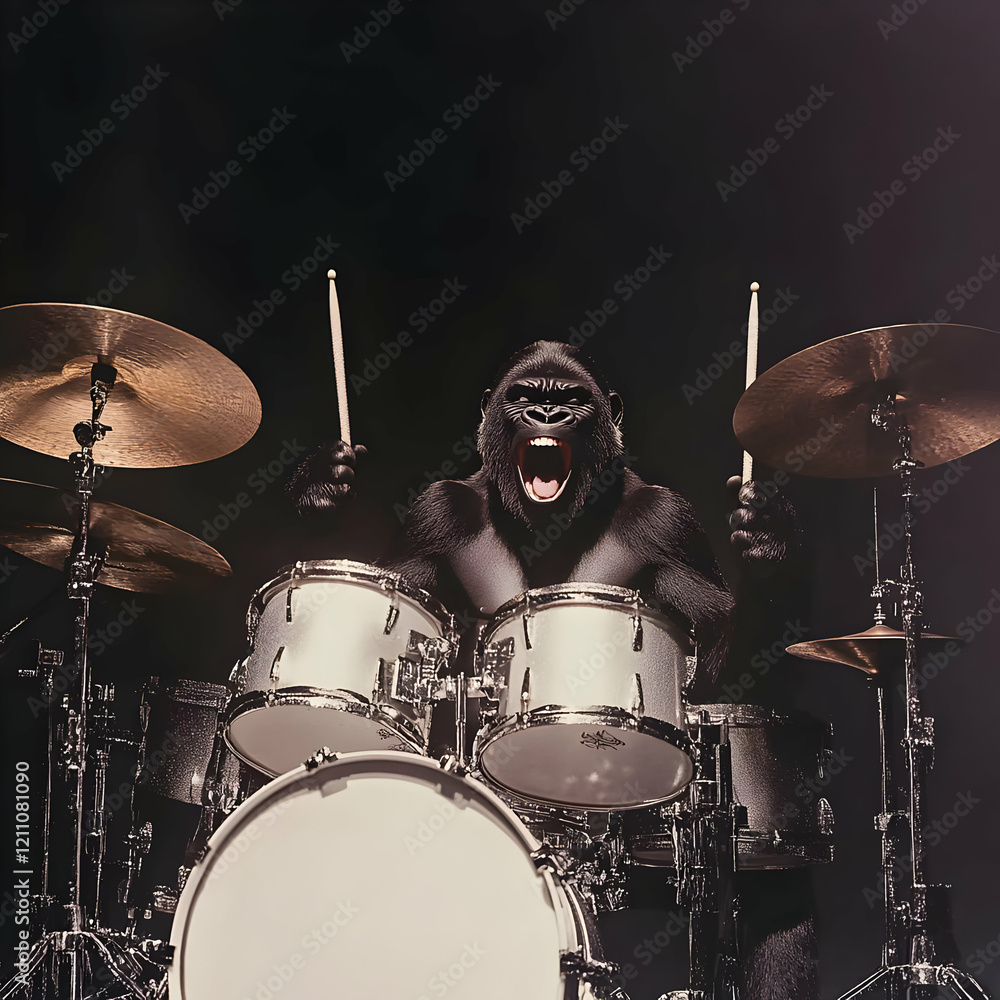 Obraz premium Gorilla Drummer Plays the Drums with Enthusiasm and Passion on a Dark Stage Background.