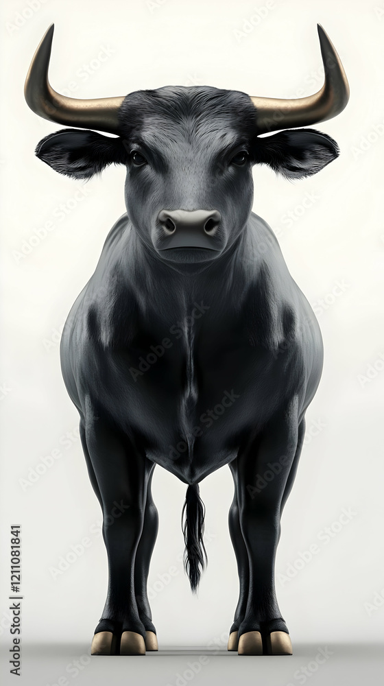 Naklejka premium A Majestic Black Bull Stands Proudly, Displaying Its Powerful Physique and Imposing Horns