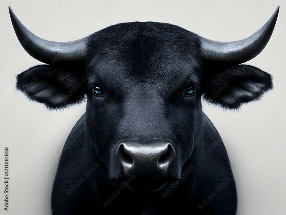 Naklejka premium Majestic Black Bull Portrait with Intense Blue Eyes and Powerful Horns on a Subtle Background