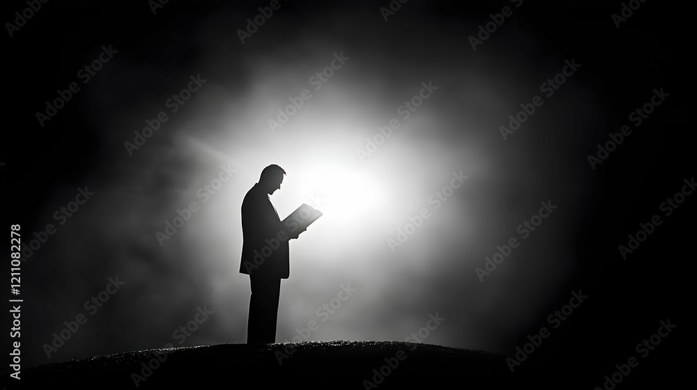 Silhouetted Figure Reads a Book Under a Bright Light in Misty Darkness Silhouetted Figure Reads a Book Under a Bright Light in Misty Darkness
