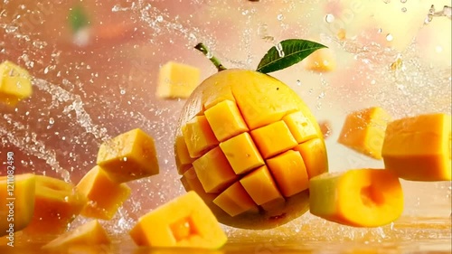 Juicy mango splashing in water with diced pieces.