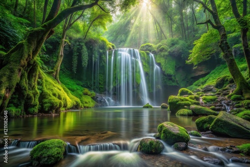 Serene Waterfall Cascading Through Lush, Mossy Forest, Sunbeams Illuminating the Tranquil Scene
