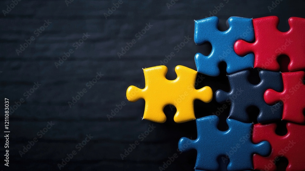 Fototapeta premium Yellow puzzle piece completing a group on dark background