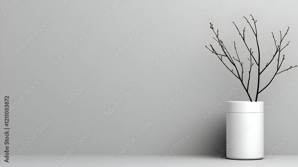 3D Render of Minimalist Room Decor with Branch and White Vase on Gray Wall Background 3D Render of Minimalist Room Decor with Branch and White Vase on Gray Wall Background