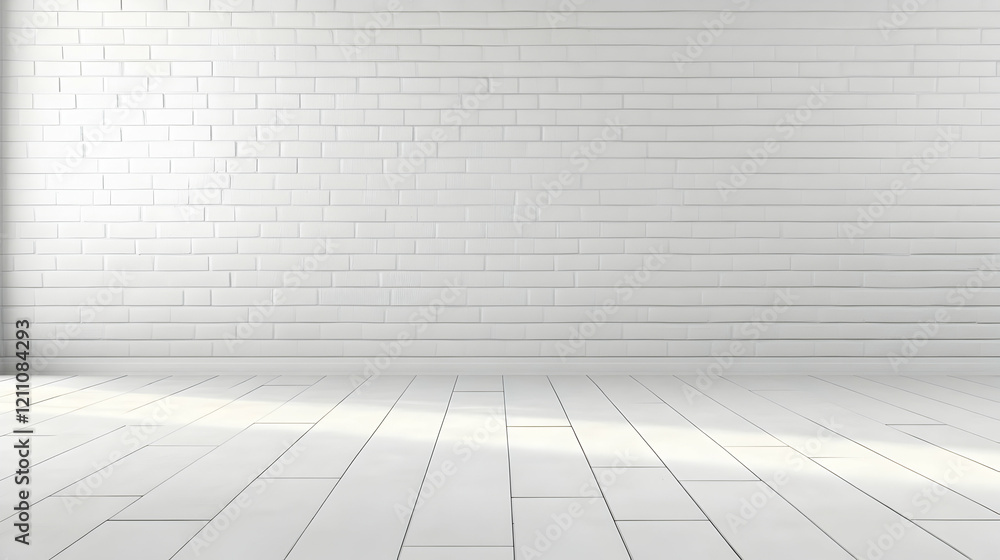 White Brick Wall and Wooden Floor Create a Minimalist Interior Design Background. White Brick Wall and Wooden Floor Create a Minimalist Interior Design Background.