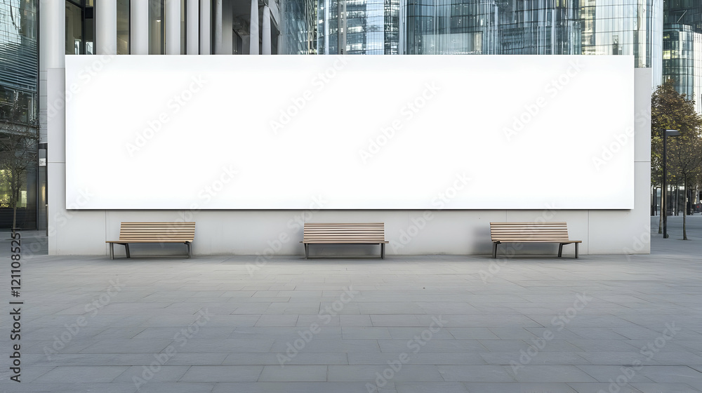 Fototapeta premium Blank Billboard Displays Presents Advertisement in a Modern Cityscape with Benches Below