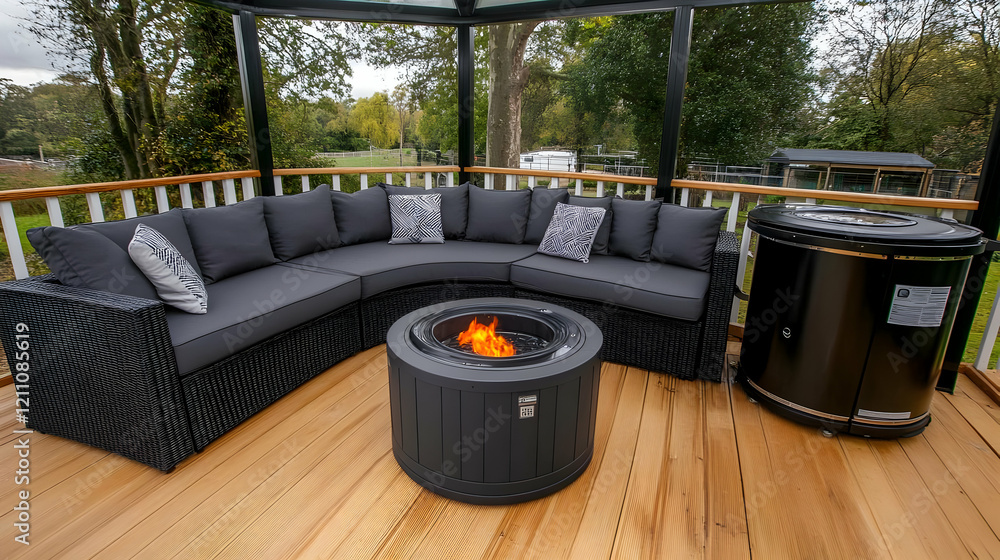 Cozy Outdoor Living Space Features a Fire Pit Table and Sectional Sofa in a Gazebo with Tranquil Garden View Cozy Outdoor Living Space Features a Fire Pit Table and Sectional Sofa in a Gazebo with Tranquil Garden View