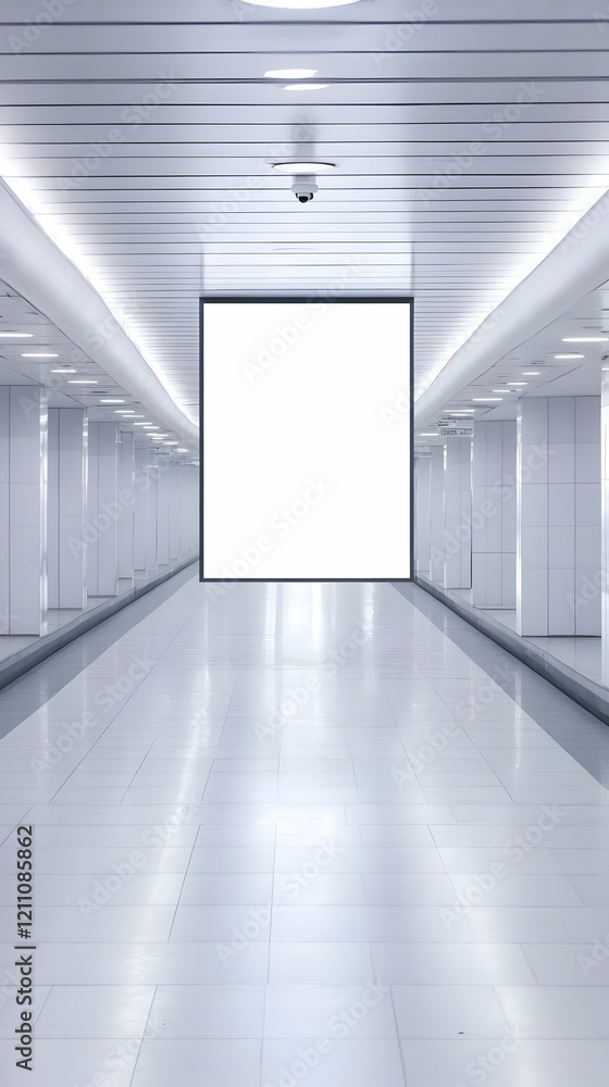 Obraz premium Blank billboard mockup in a white modern hallway with tiled floors and bright lights.