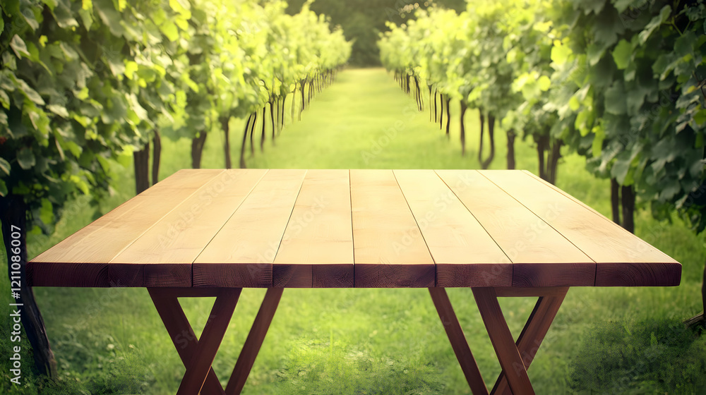 Naklejka premium Empty Wooden Table in a Vineyard Setting Creates a Relaxing Ambiance for Wine Tasting or Dining