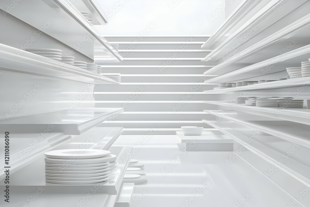 Obraz premium White Plates Displayed on Minimalist Shelves in a Bright Room creates a serene and organized atmosphere
