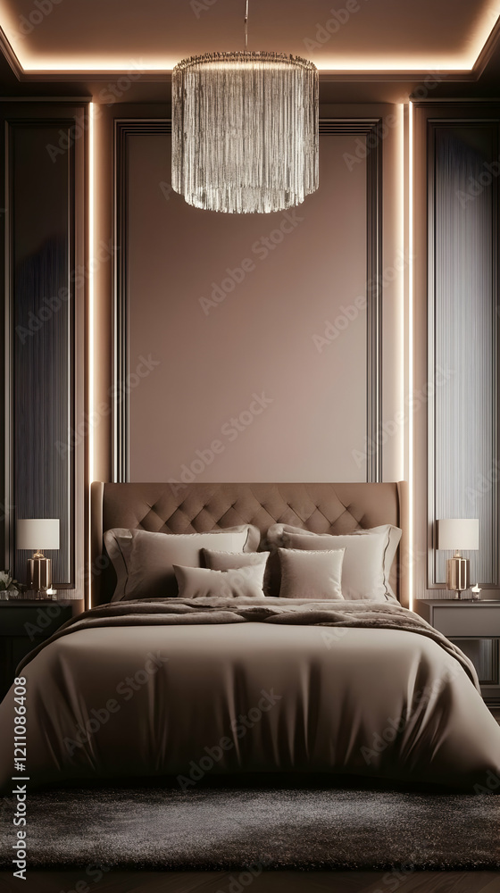 Fototapeta premium Elegant Bedroom Interior Design Showcases a Luxurious Bed, Soft Lighting, and Stylish Decor Elements.