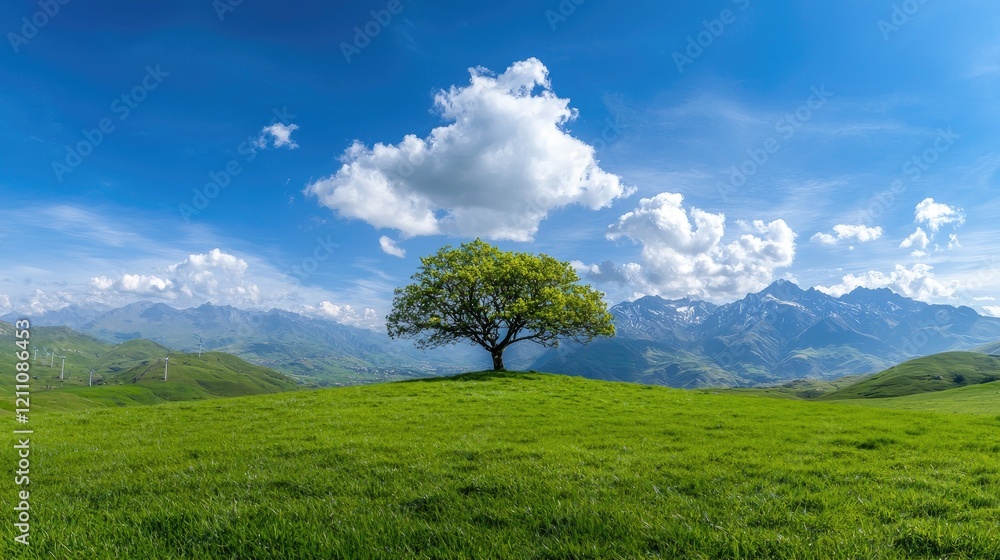Obraz premium Lone tree on grassy hill, mountain backdrop, sunny day, peaceful landscape, nature photography