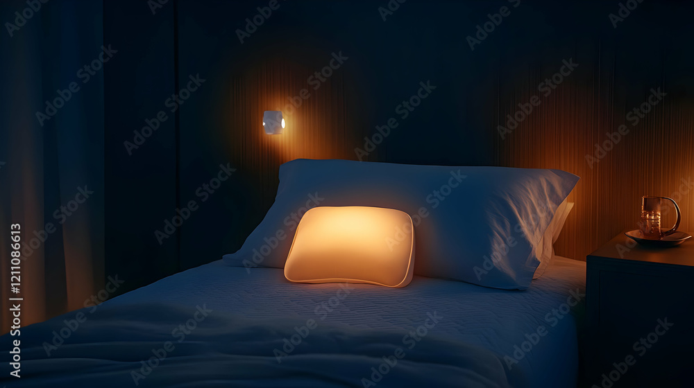 Glowing Pillow Illuminates Dark Bedroom: A Serene Scene of Nighttime Comfort and Relaxation Glowing Pillow Illuminates Dark Bedroom: A Serene Scene of Nighttime Comfort and Relaxation