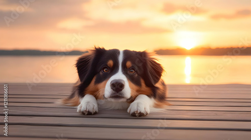 Tri-Color Dog Lies on a Woo...