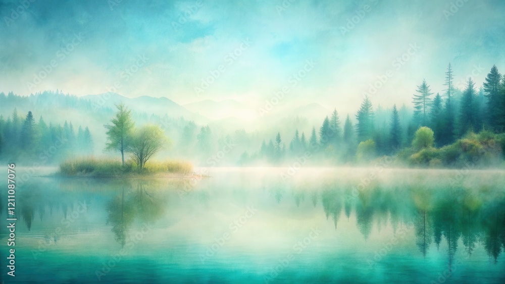 Serene Misty Lake Scene with Solitary Trees on a Small Island, Reflected in the Calm Water, Surrounded by a Forest of Evergreen Trees and Misty Mountains in the Distance Serene Misty Lake Scene with Solitary Trees on a Small Island, Reflected in the Calm Water, Surrounded by a Forest of Evergreen Trees and Misty Mountains in the Distance