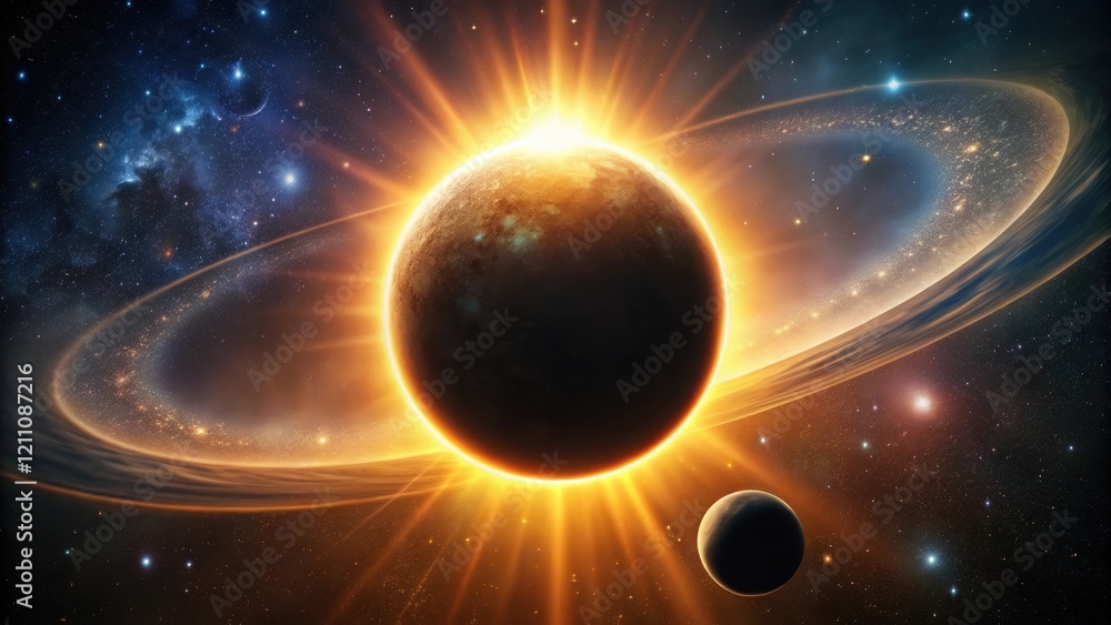 Obraz premium A Radiant Celestial Body Illuminated by a Glowing Ring of Cosmic Dust and Stars in the Vast Expanse of Space