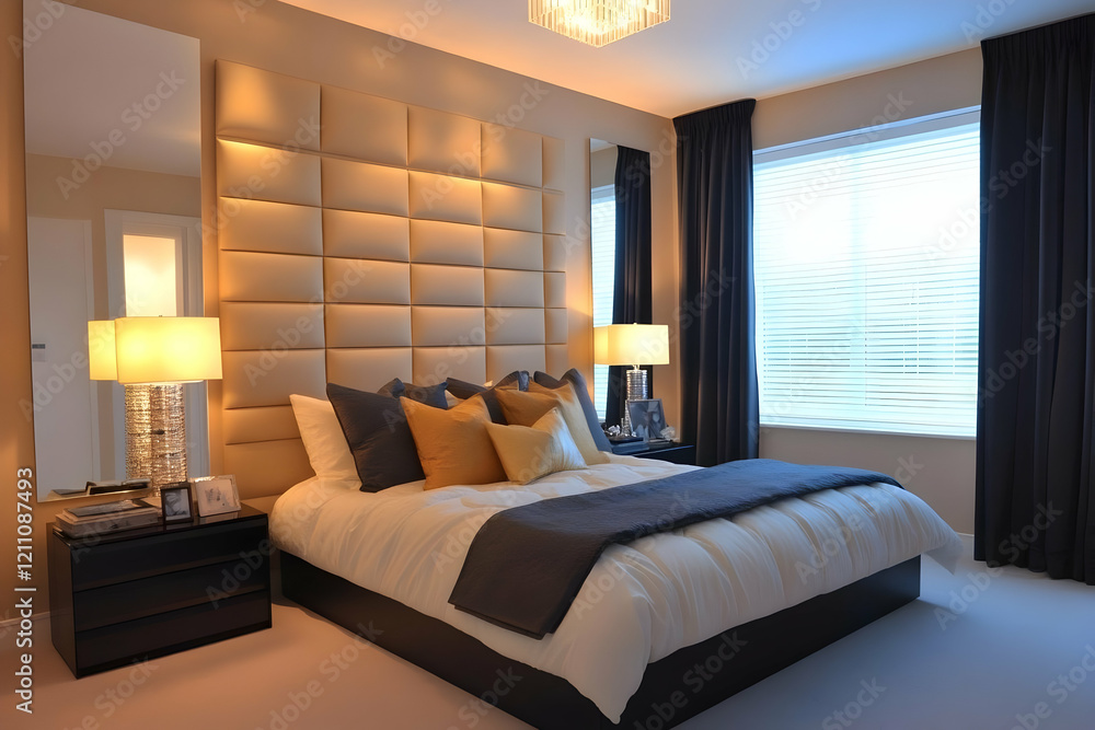 Obraz premium Modern Bedroom Interior Shows a Comfortable Bed with Pillows and Soft Lighting Creates a Relaxing Ambiance Perfectly.