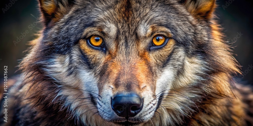 Fototapeta premium Close Up Wolf Photography: Majestic Canis Lupus Portrait, Wild Animal Eyes, Fur Texture, Nature Wildlife