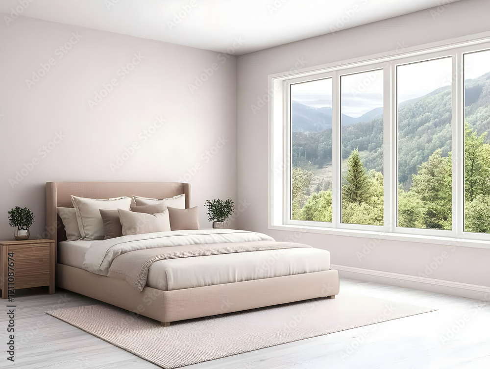 Fototapeta premium Beige Upholstered Bed in Modern Minimalist Bedroom Interior Design with Nature View Through Window