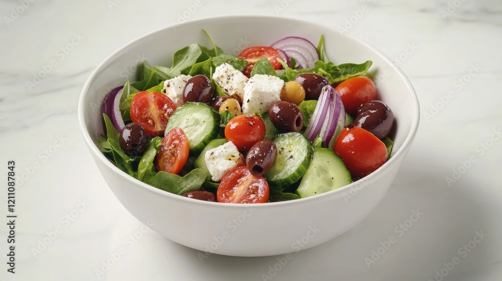 Fresh Mediterranean salad with crisp cucumber, juicy cherry tomatoes, briny olives, creamy feta cheese, and vibrant red onions, drizzled with rich olive oil and tangy balsamic vinegar Fresh Mediterranean salad with crisp cucumber, juicy cherry tomatoes, briny olives, creamy feta cheese, and vibrant red onions, drizzled with rich olive oil and tangy balsamic vinegar