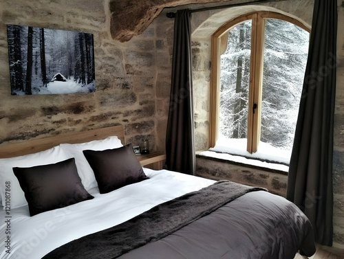 Cozy Bedroom Shows Snowy Fo...