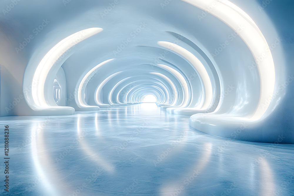 Fototapeta premium A futuristic 3D tunnel design with swirling blue light patterns and curved shapes, creating a sense of motion and space, perfect for a technology-themed wallpaper or background illustration