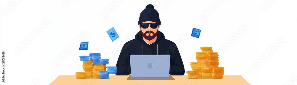 Hacker working on laptop, white isolate background Hacker working on laptop, white isolate background