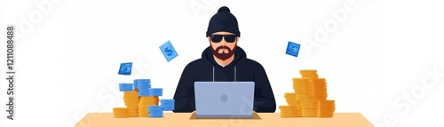 Hacker working on laptop, white isolate background