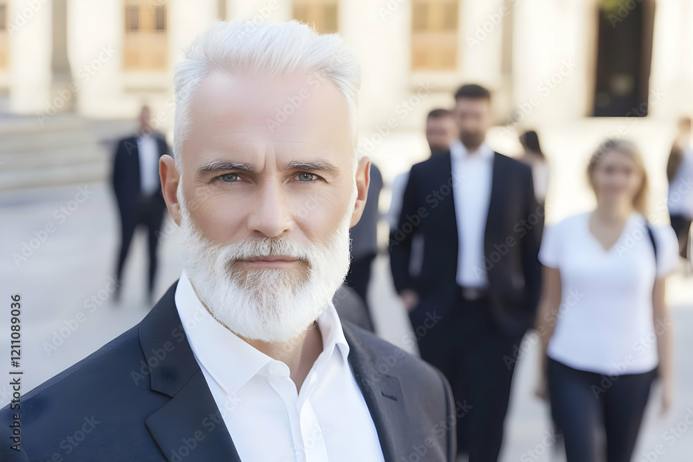 Portrait of a Senior Businessman with a White Beard in a Suit Standing Confidently Outdoors Portrait of a Senior Businessman with a White Beard in a Suit Standing Confidently Outdoors