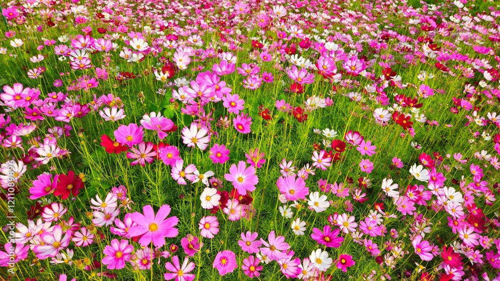 Naklejka premium Cosmos flower, commonly called the garden cosmos or Mexican aster. Various colors flowers bloom in the garden in Mekong Delta Vietnam.