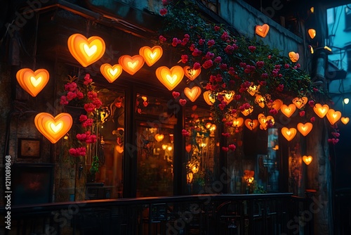 Illuminated Heart Lanterns Adorn Romantic Building Exterior photo