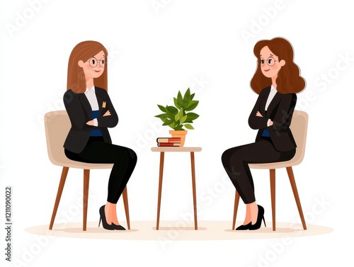 Two women in business attire, seated, discussing.