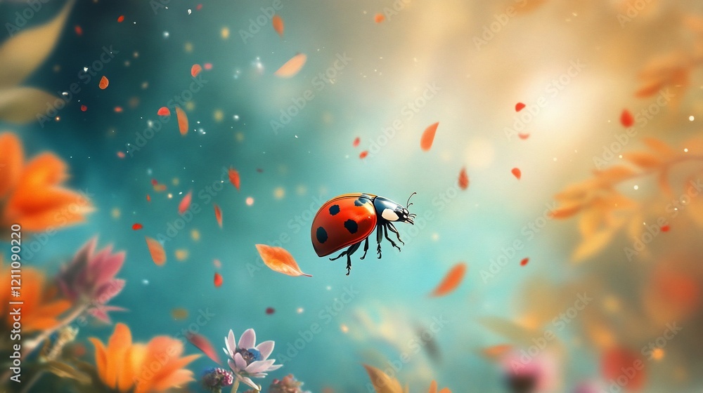 Ladybug in flight, autumn garden, colorful petals, magical background, nature wallpaper Ladybug in flight, autumn garden, colorful petals, magical background, nature wallpaper