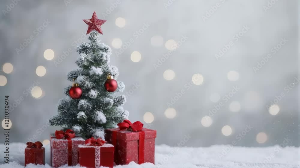 Sparkling snowy christmas tree with bokeh lights and presents Sparkling snowy christmas tree with bokeh lights and presents